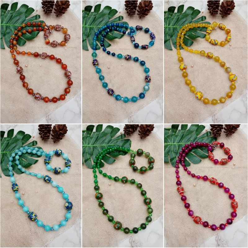 Set Kalung & Gelang Batu Alam mix Manik Lukis