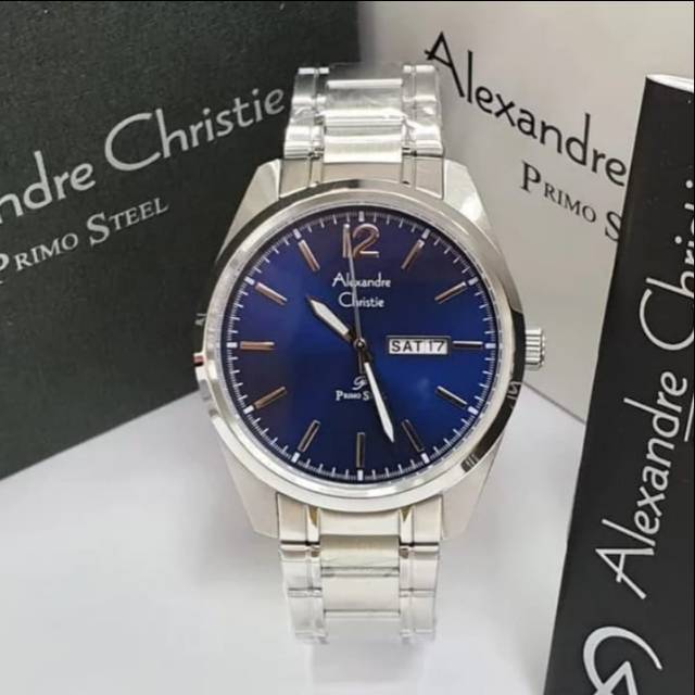 Ac 1012 Jam Pria Alexandre Christie Rantai Silver Blue Original