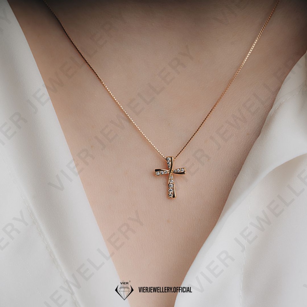 Vier Edition Neklace 12745 Kalung Salib Lapis Emas, Kalung replika berlian