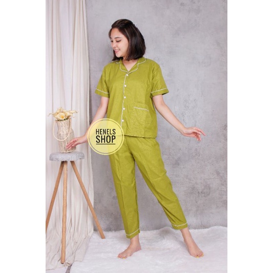 HENELS PIYAMA DEWASA | BAJU TIDUR DEWASA | BISA COD | PIYAMA WANITA | KATUN | PAKAIAN TIDUR | PIYAMA PENDEK | PIYAMA PANJANG | PIYAMA XL | BAJU TIDUR WANITA | PIYAMA BTS BT21-CP EMBOS OLIVE GREEN