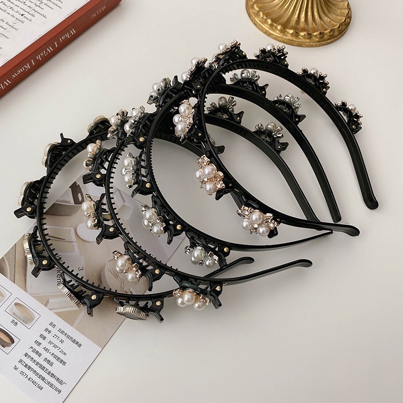(VCM) Korea Fashion Ikat Kepala 2 in 1 Jepit Rambut Pola Kristal Mutiara Wanita Dewasa Rambut Hoop Jepit Rambut / bando jepit