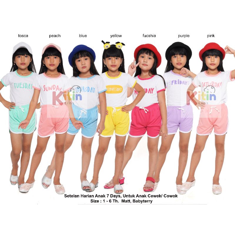 Baju Setelan Main Harian Anak Cewek Cowok perempuan laki laki Retro Set 7 Days Ukuran 1-6 Tahun