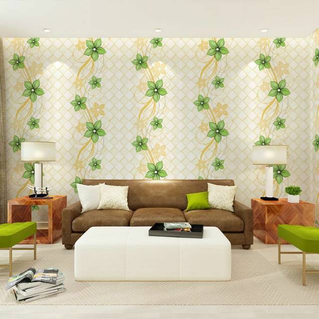 WALLPAPER DINDING MOTIF BUNGA HIJAU CREAM 10m x 45cm