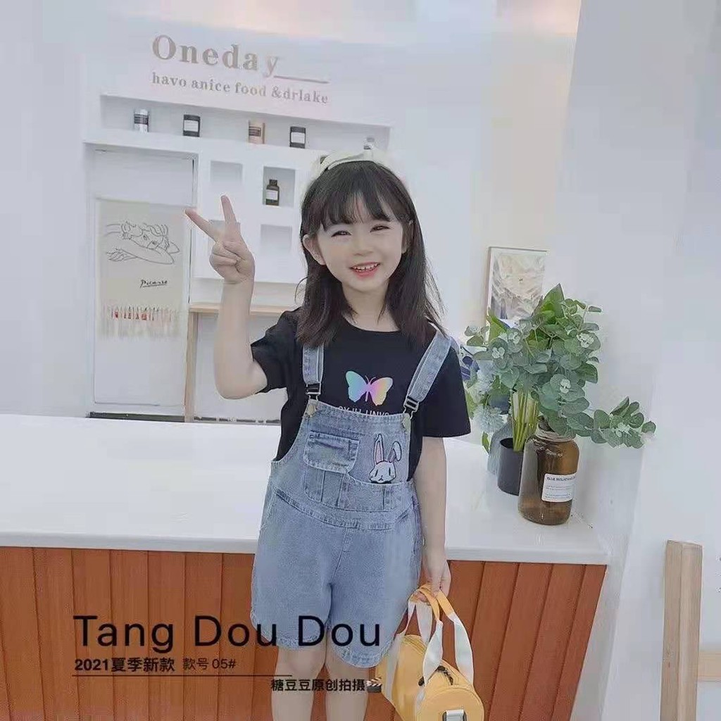 Setelan Overall Jeans Anak Perempuan Kaos Lengan Pendek Import Jumpsuits Jeans Anak Perempuan