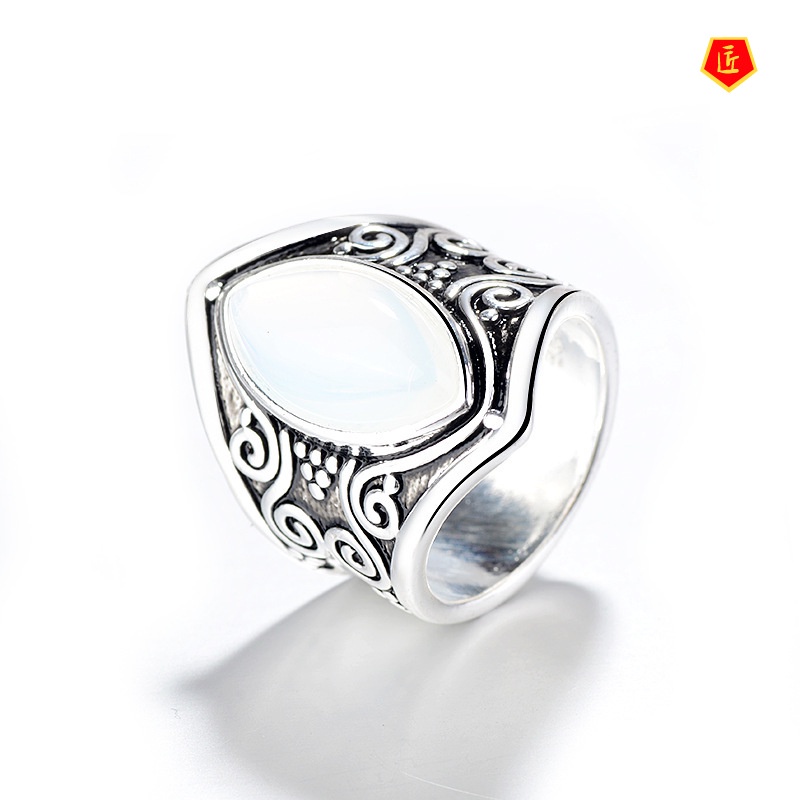 [Ready Stock]Fashion Retro Moonstone Opal Silver Ring Punk Exaggerated