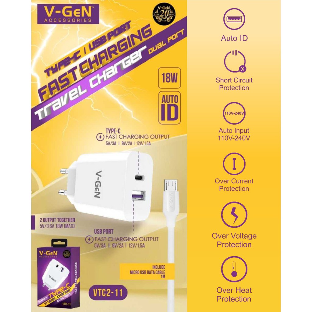 CHARGER V-GEN 2 USB PLUS TYPE C FAST CHARGING VTC2-11 QUALCOMM 3.0