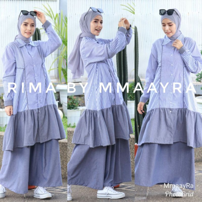 rima by mmaayra set rok setelan rok dan kemeja stripe katun denim setelan lebaran