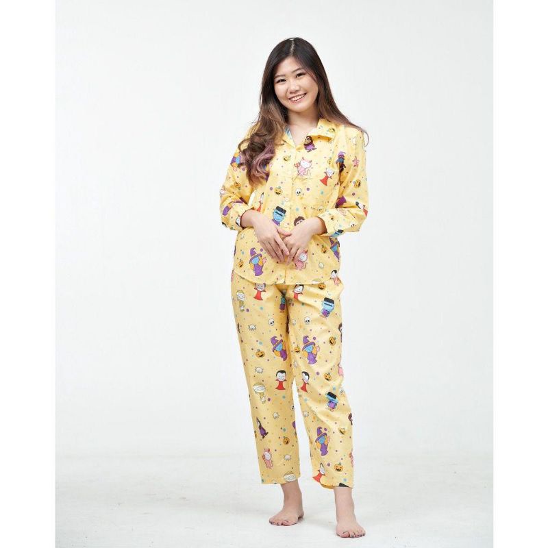Piyama Wanita Lengan Panjang PP Motif Bunga Set Piyama Baju Tidur Wanita Remaja Baju Tidur ABG-PP halloween yellow