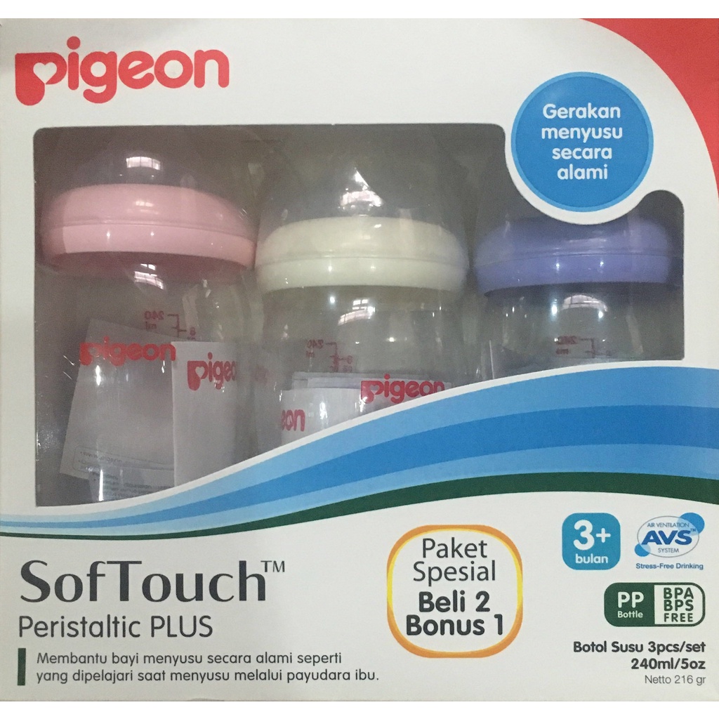 3pcs Botol Susu Pigeon Peristaltic Plus Wide Neck Bottle 240ml