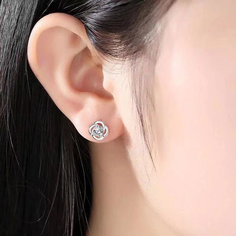 (Hello Girl)E32 Anting Bunga Silver Diamond Fashion Wanita Stud Earrings Import-5