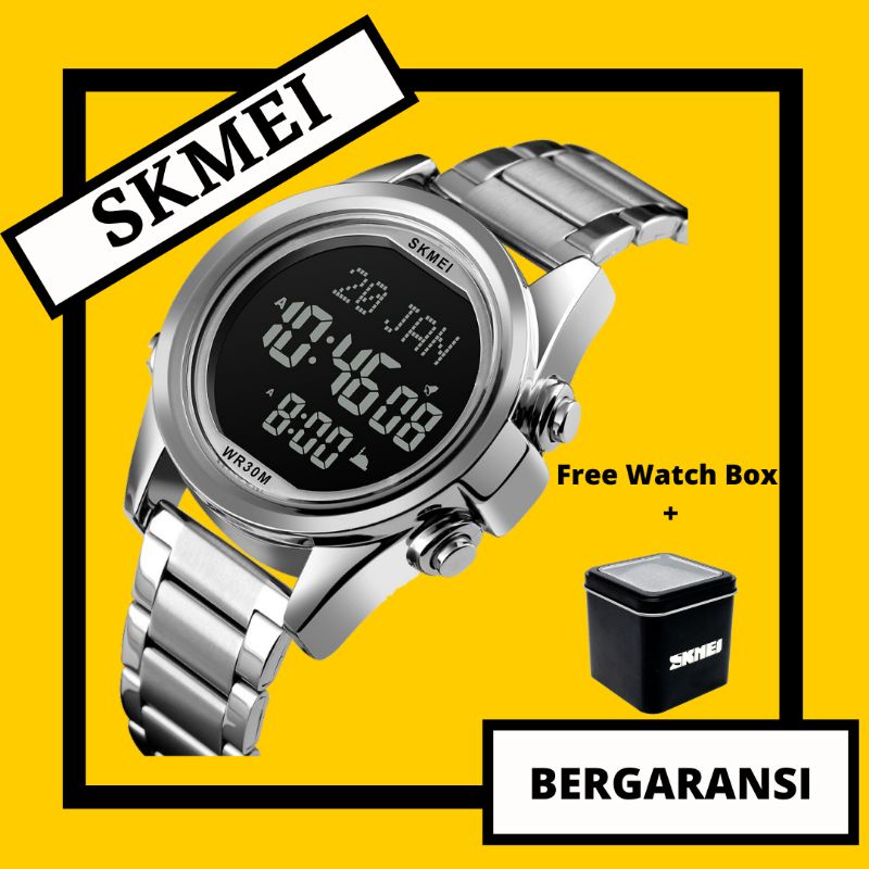 Jam Tangan Pria Digital Stainless steel Penunjuk Arah Kiblat