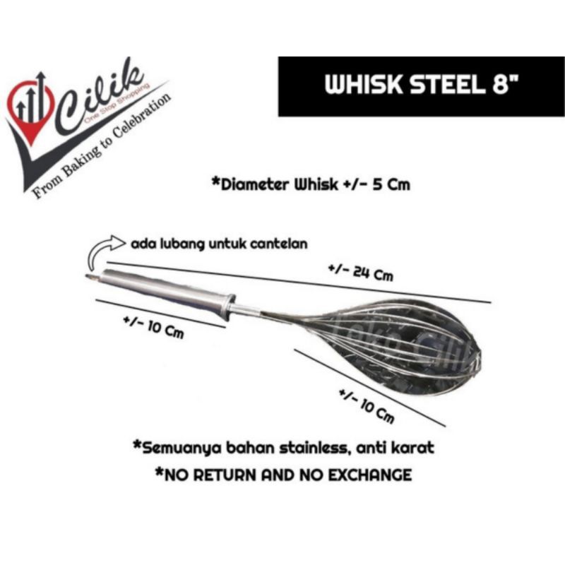 whisk stainless 8" kocokan mixer manual kue adonan telur bolu mentega