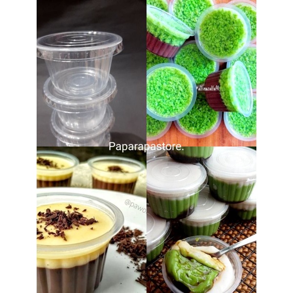 CUP PUDDING GELAS PLASTIK ULIR FLAMBOYAN DENGAN TUTUP BENING UKURAN 120 ML MERK MERAK ISI 50 PCS TEM