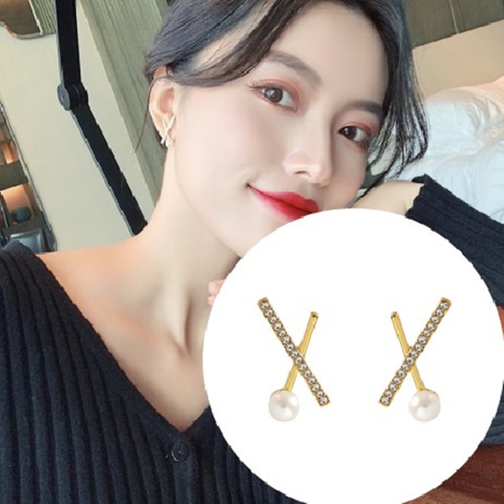 Anting Stud Mutiara Geometris Silang Warna Silver Gaya Korea