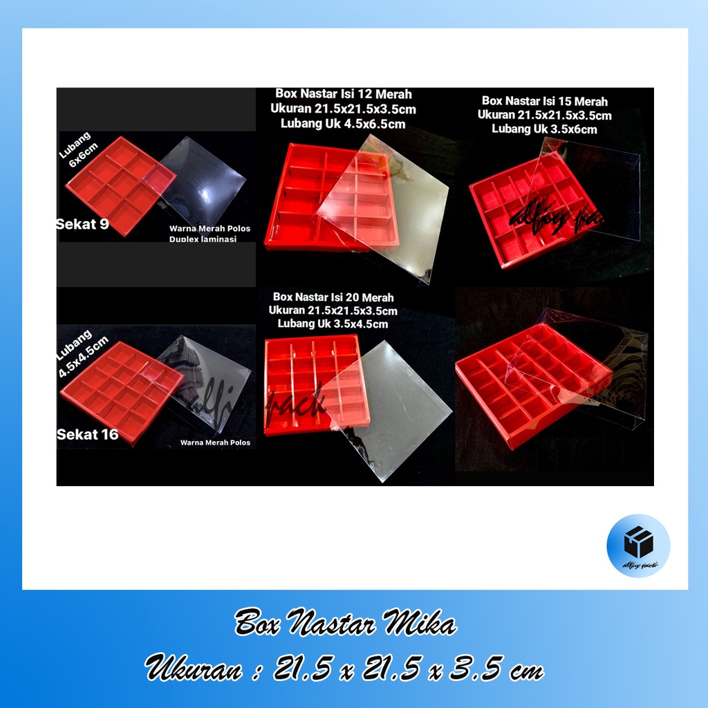 

1pack isi 5pcs BOX NASTAR SEKAT TUTUP MIKA POLOS WARNA MERAH UKURAN 20.5x20.5x3.5 CM PLUS SEKAT 9 / 12 / 15 / 16 / 20 / 25 LUBANG DUS PACKAGING HAMPERS LEBARAN / NATAL / IMLEK / IDUL FITRI KEMASAN PARCEL