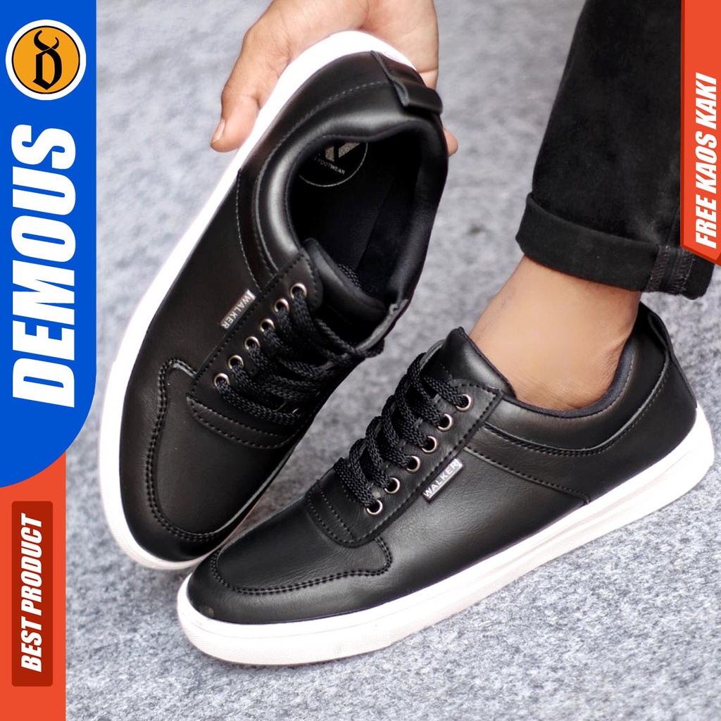 Sepatu Kasual Pria Sneakers Casual Kulit Pu Kerja Polos Hitam Coklat Demous Tiago