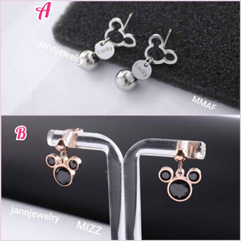 Anting Titanium Asli Mickey Permata Lucu Fashion Korea Remaja Anti Karat &amp; Alergi