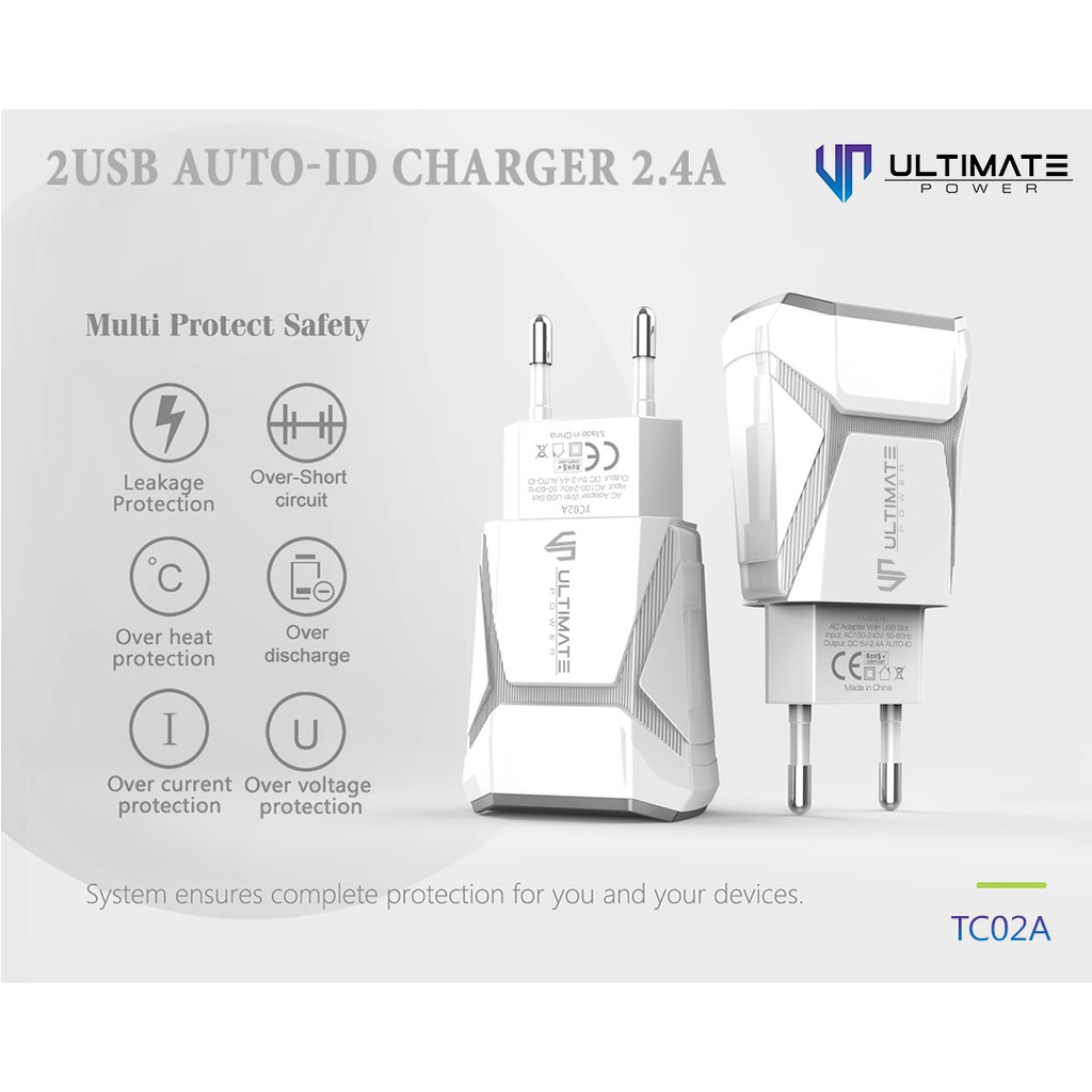 Adapter charger 2.4A Ultimate Power TC02A 2USB Auto-iD Charger 2.4A free Micro USB Cable