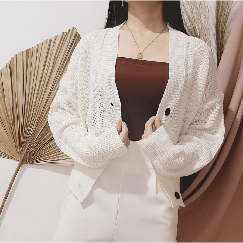 CARDIGAN CROP 7GET RAJUT TEBAL LENGAN PANJANG RICHI.STORE-Putih cerah