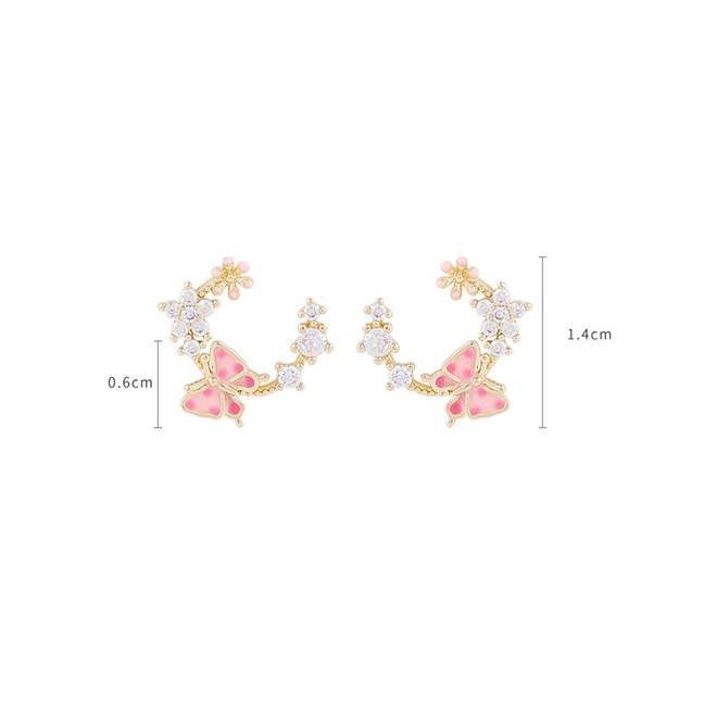 LRC Anting Tusuk Fashion Pink Butterfly Garland Micro Zircon Earrings K42157