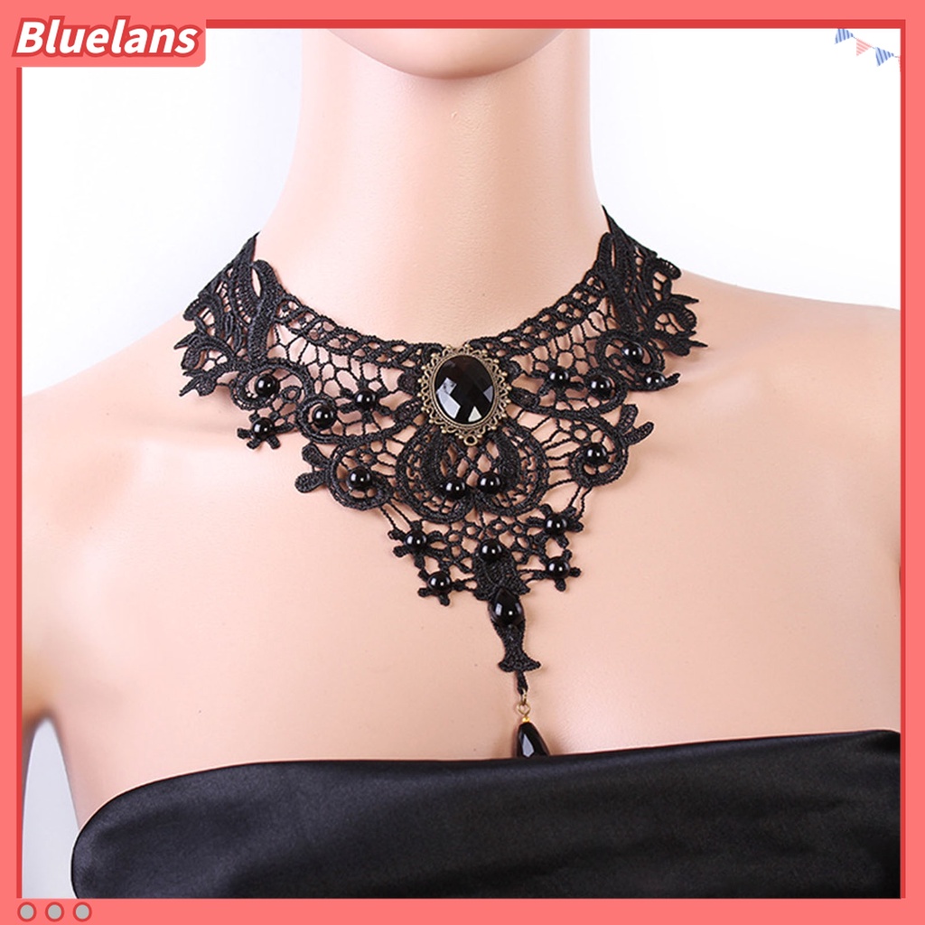 Kalung Choker Adjustable Model Hollow Out Aksen Renda Warna Hitam Untuk Wanita