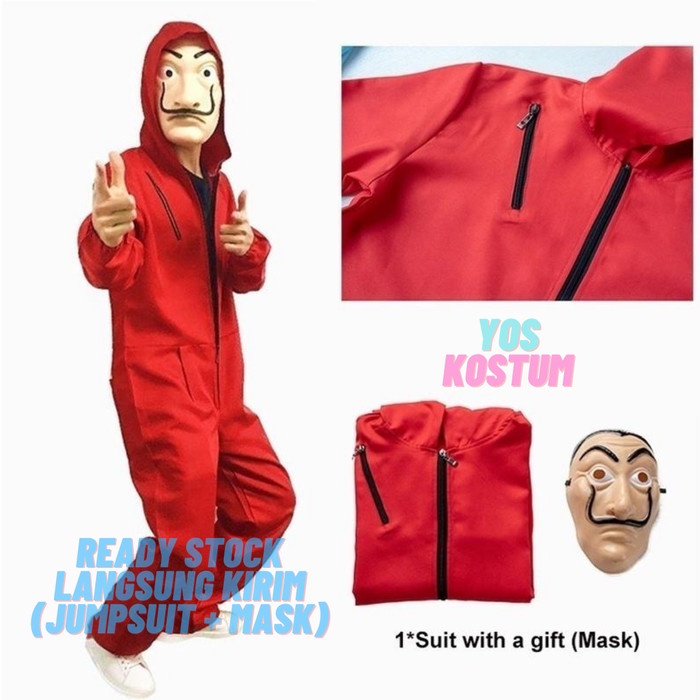 Kostum La Casa De Papel Money Heist Dewasa Import Jumpsuit Topeng Halloween Baju Karnaval