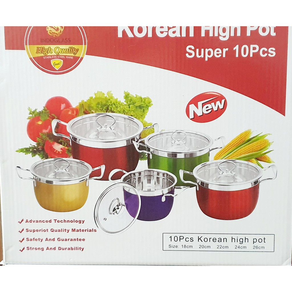 A1 Panci 5 Set Warna Warni Korea Pot Multiuse Stainless Steel 5 Panci Dan 5 Tutup Kaca Stock Pot color