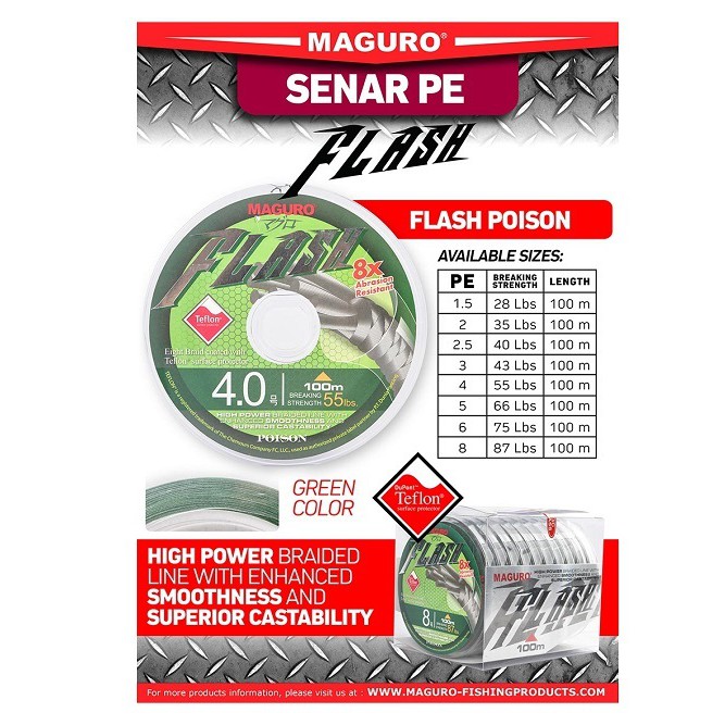 PE Maguro Flash X8 Poison Teflon Coated 100m (Hitam & Hijau)