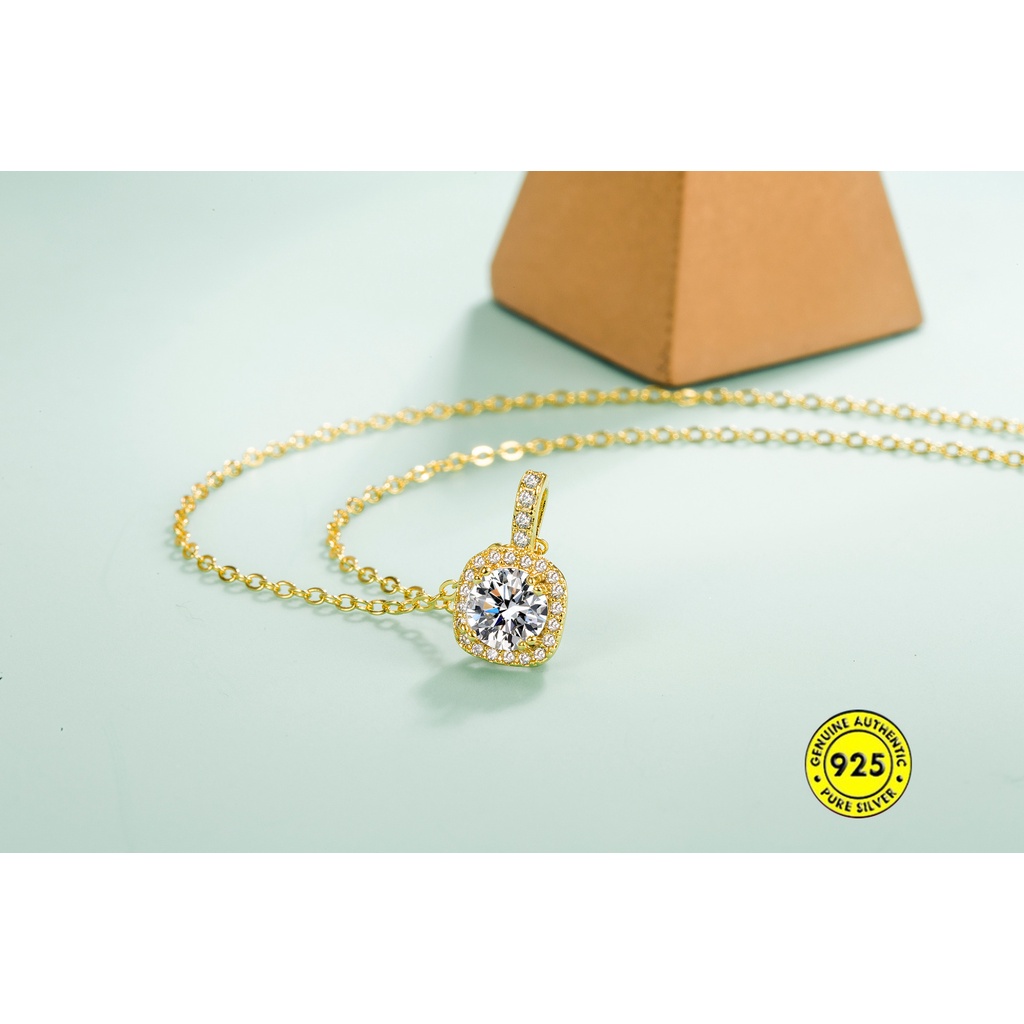 Kalung Rantai Sterling Silver 925 Dengan Liontin Batu Zircon Kotak Untuk Wanita