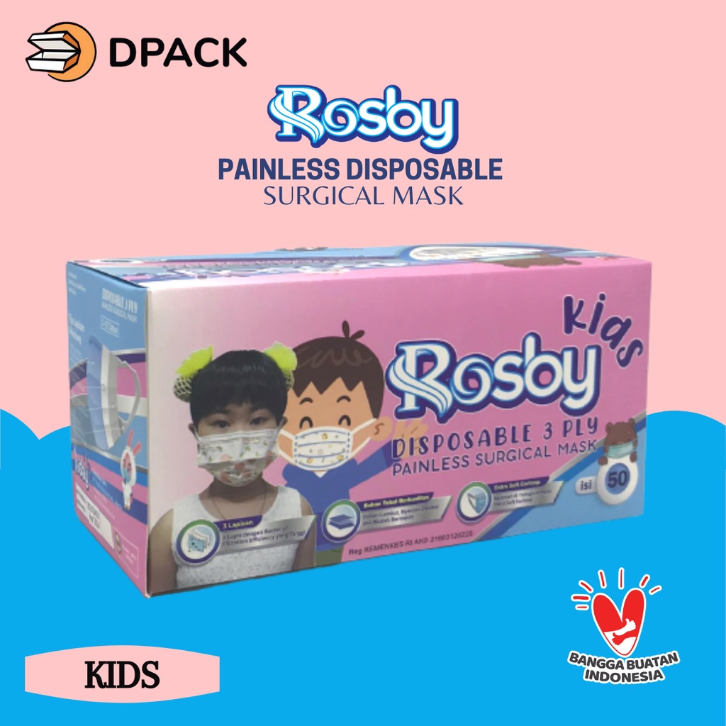 Rosby Masker Medis Anak 3ply Painless Masker Tali Lebar Isi 50 Pcs