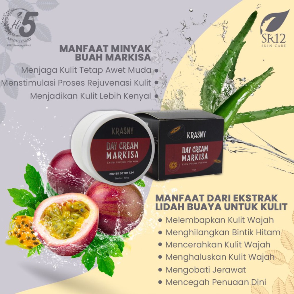 Krasny Day &amp; Night Cream Markisa sr12 - ekstrak lidah buaya untuk kulit Sr12skincare Asli 10gr