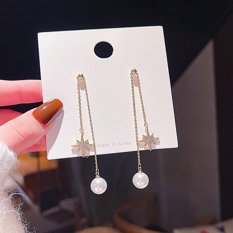 Anting Gantung Panjang Model Bintang Dengan Mutiara Bahan silver 925 Untuk Wanita