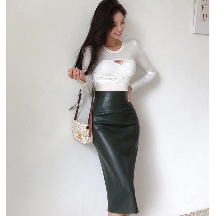 Rok Wanita Kulit Rok Korean Style Padat Elegan