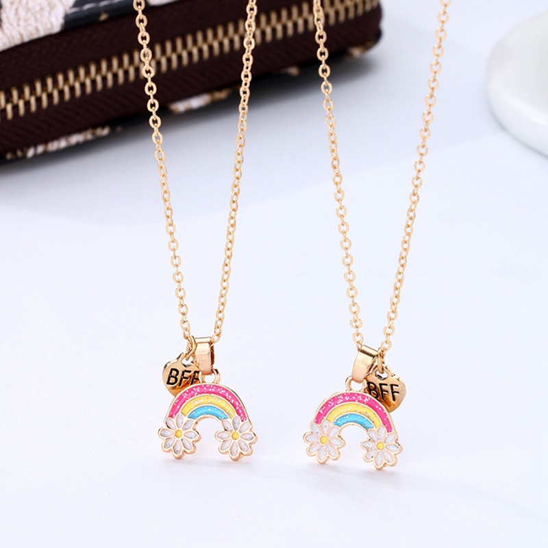 2pcs / Set Kalung Rantai Dengan Liontin Bunga Warna Pelangi Untuk Wanita