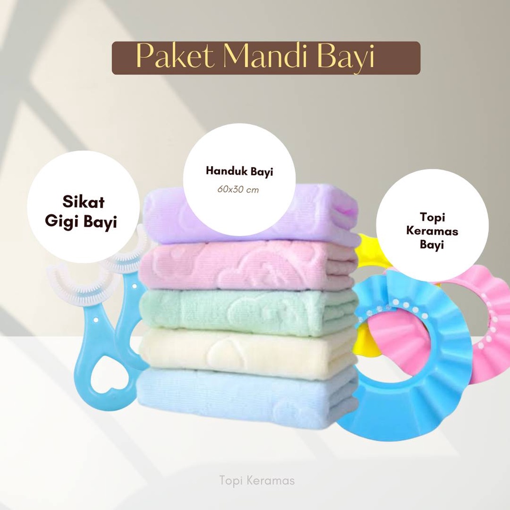 Paket Mandi Bayi Praktis Handuk Sikat Topi Keramas