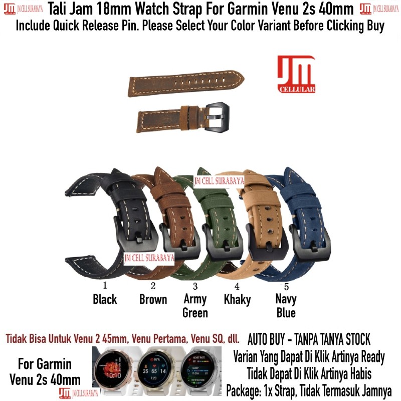 Tali Jam 18mm Watch Strap Garmin Venu 2s 40mm - Crazy Horse Leather Kulit