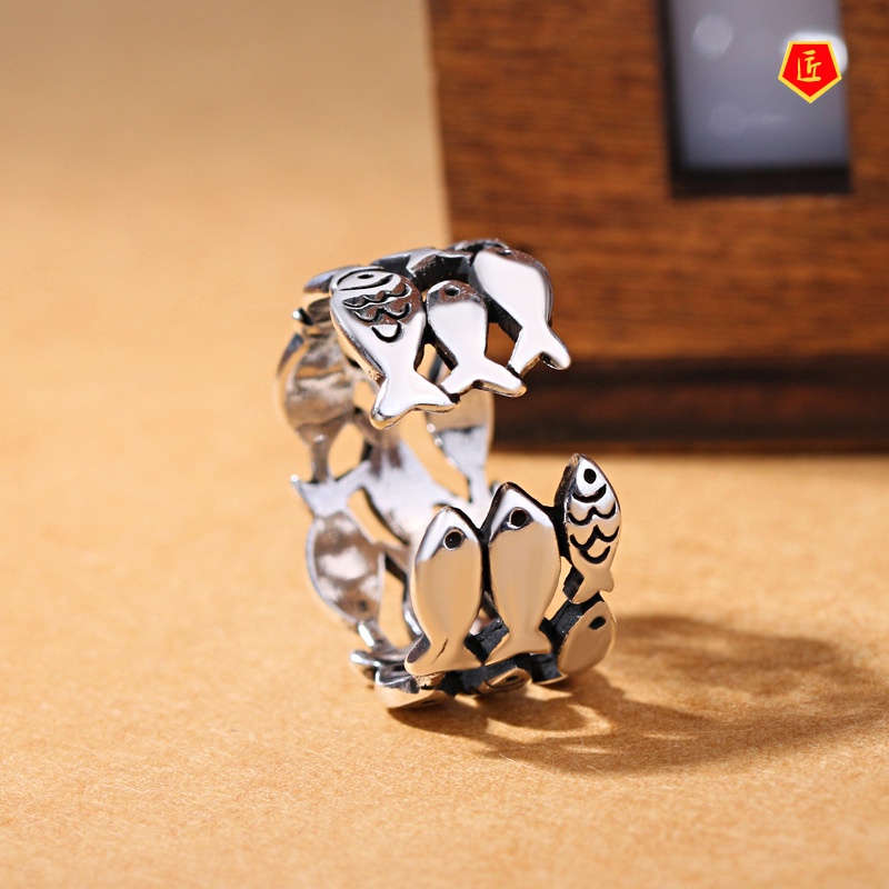 [Ready Stock]925 Silver Retro Fish Wide Ring Cute Personality