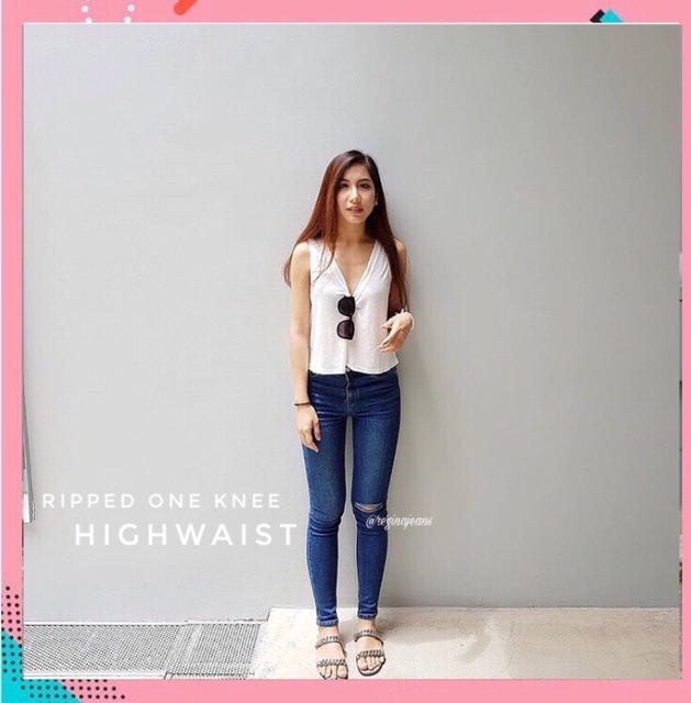 Custom Ripped One Knee Skinny Jeans Cewek Celana Jeans Wanita Sobek Lutut Satu JSK 9131 JSK 3105