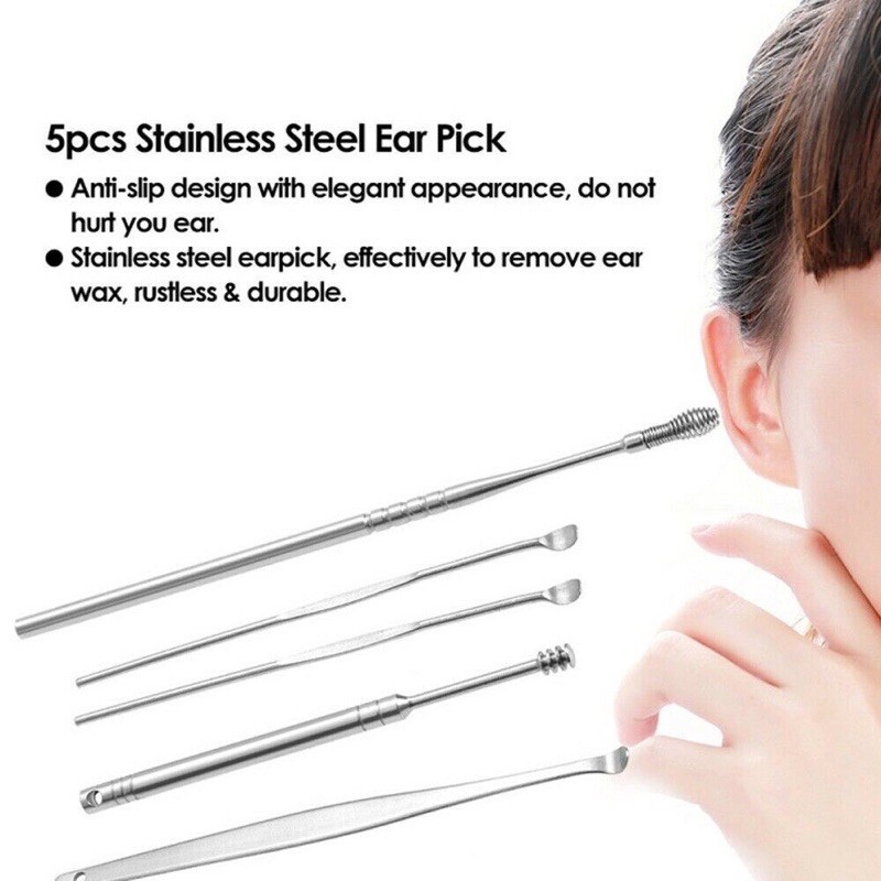 [5 IN1] Alat Pembersih Telinga Stainless 1 Set Korek Kuping Stainless Spiral Lengkap Earpick Kotoran Keras Sedot untuk Dewasa Bayi Balita