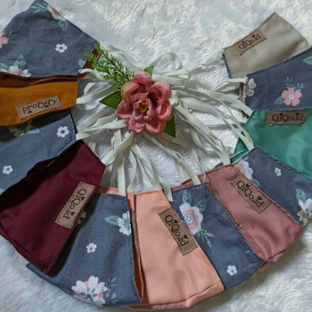 MASKER KARET HIJAB HEADLOOP BOLAK BALIK BUNGA POLOS ORI BY QIQO.ID