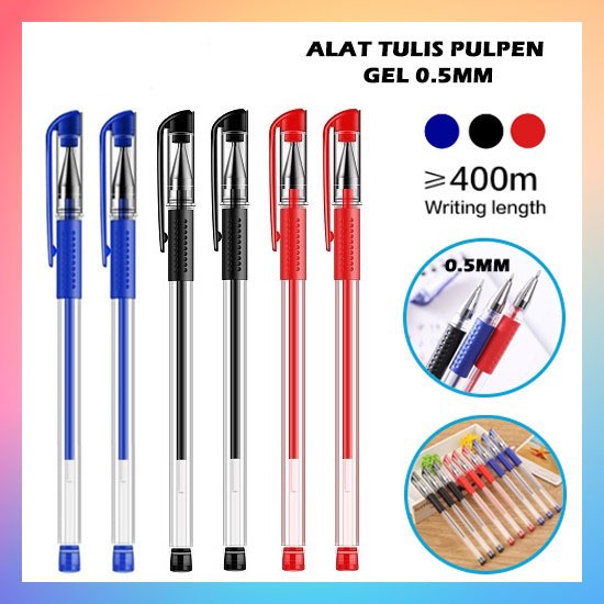 Pulpen Gel Ink 0.5Mm Alat Tulis Kantor Sekolah Pena Pen Tinta Cair Standart Warna Merah Hitam Biru