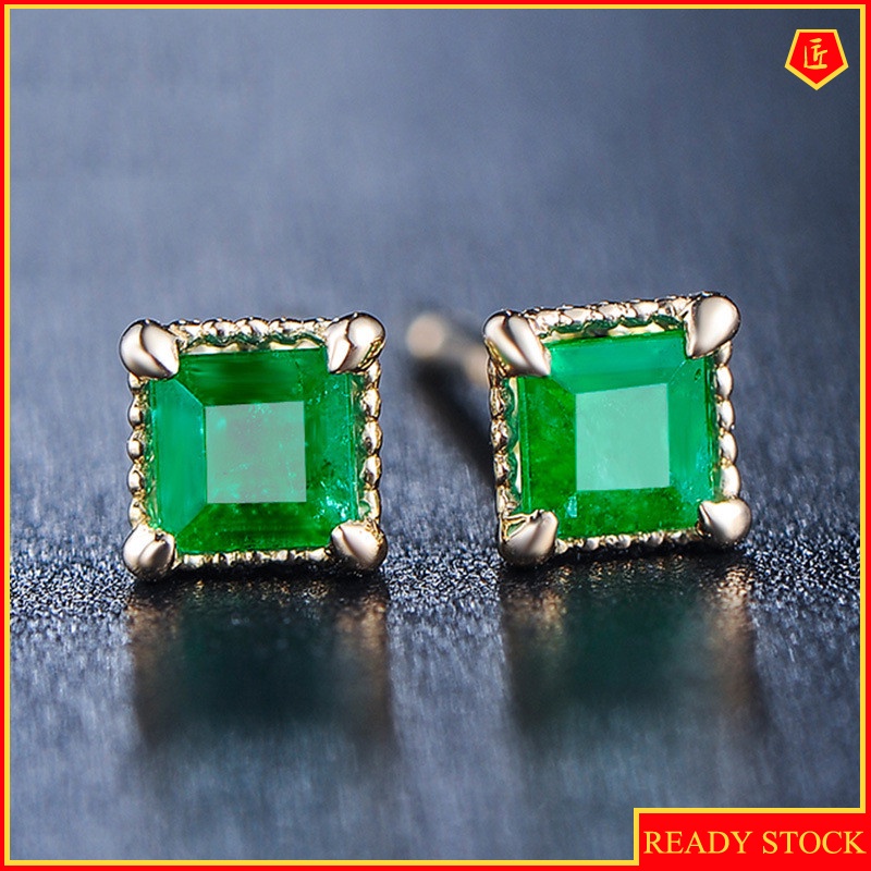 [Ready Stock]New 18K Gold Emerald Stud Earrings Exquisite
