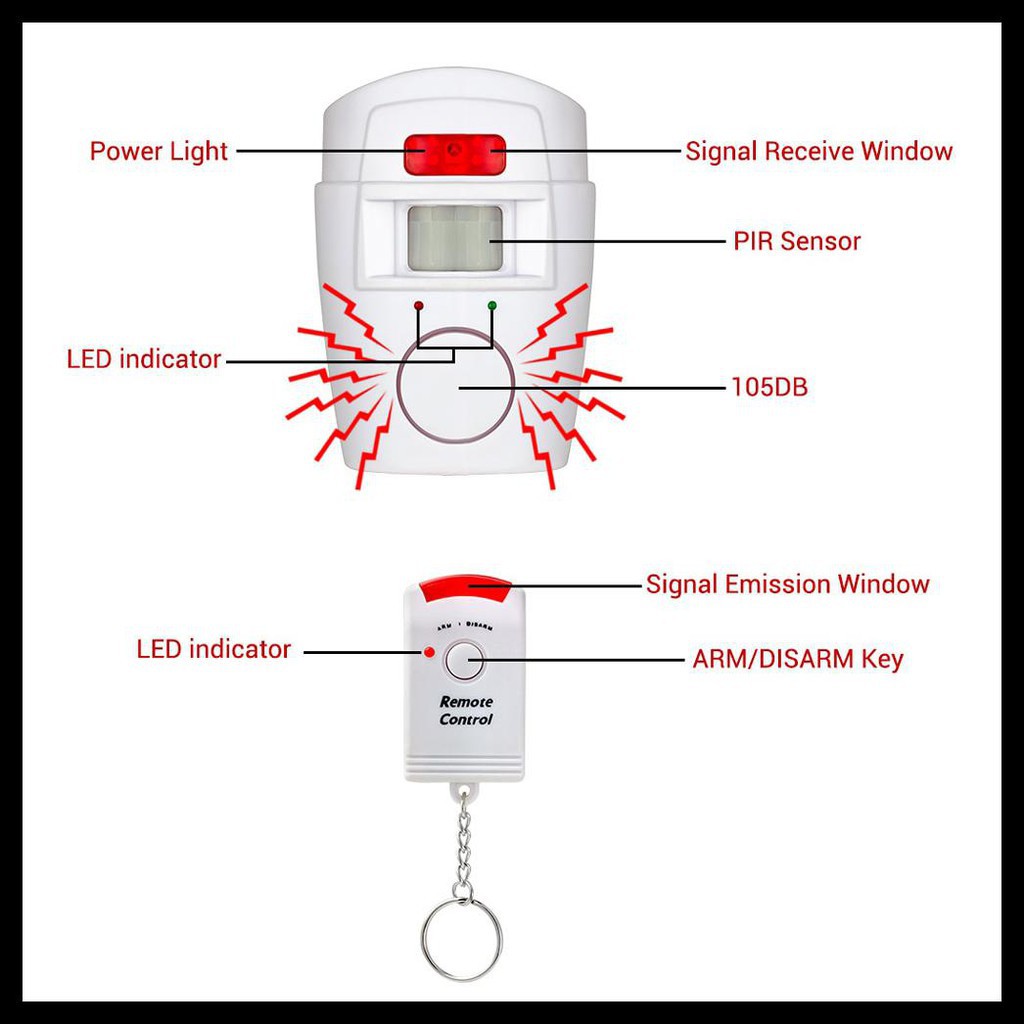 Alarm Pintu Rumah Jendela Anti maling Baterai Sensor Gerak Alaram Pintu Bunyi Keras Anti Maling Infrared PIR Sensor Gerak 2 Remote Sensor Bayangan EMASTIFF YL105 White