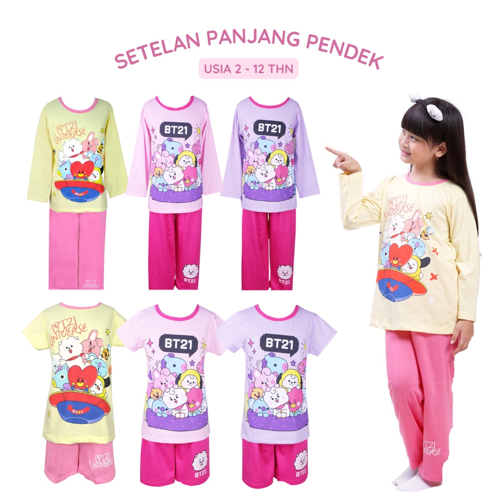 BONNUIT - Setelan Piyama Anak Usia 2 - 12 Tahun  Baju Tidur Anak Perempuan Motif BT21