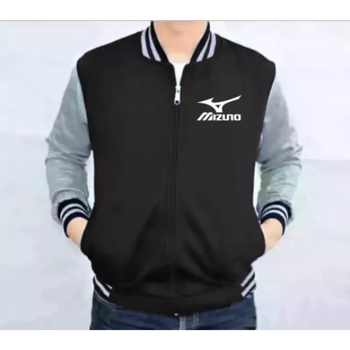 Varsity Mizuno Pria Dan Wanita Jaket Jumper Zipper Bahan Fleece