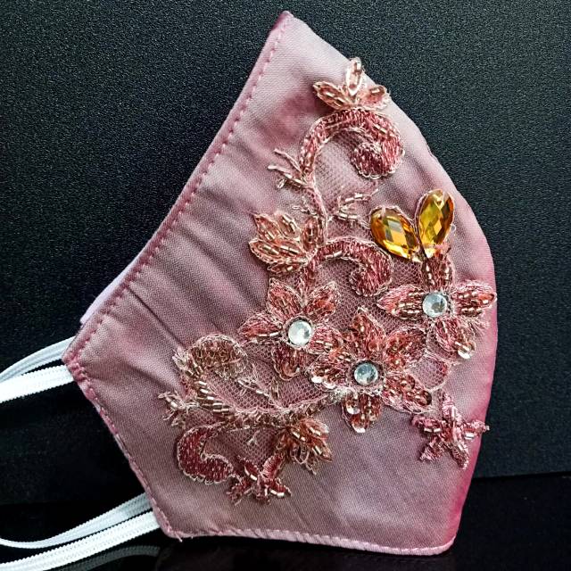 Masker kain 3ply Manik Bunga warna Rosegold dengan filter spunbond