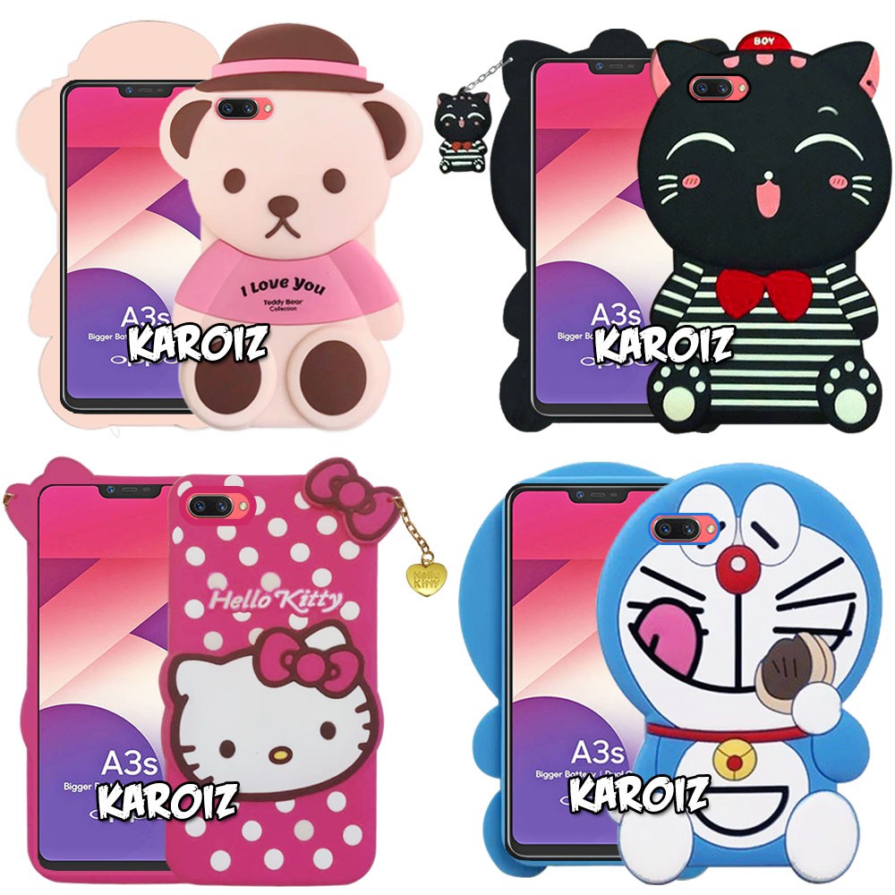 3D Case OPPO A3S Softcas 4D Karakter Hello Kitty Doraemon Teddy Bear Kucing Keropi Mickey Mouse Cat