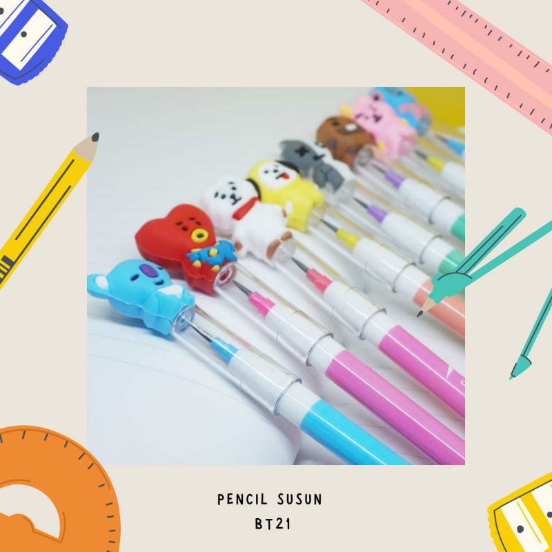 PENSIL SUSUN KARAKTER BTS BT21 KEPERLUAN SEKOLAH ANAK PENSIL PELURU LUCU ATK FANCY IMUT IMPOR