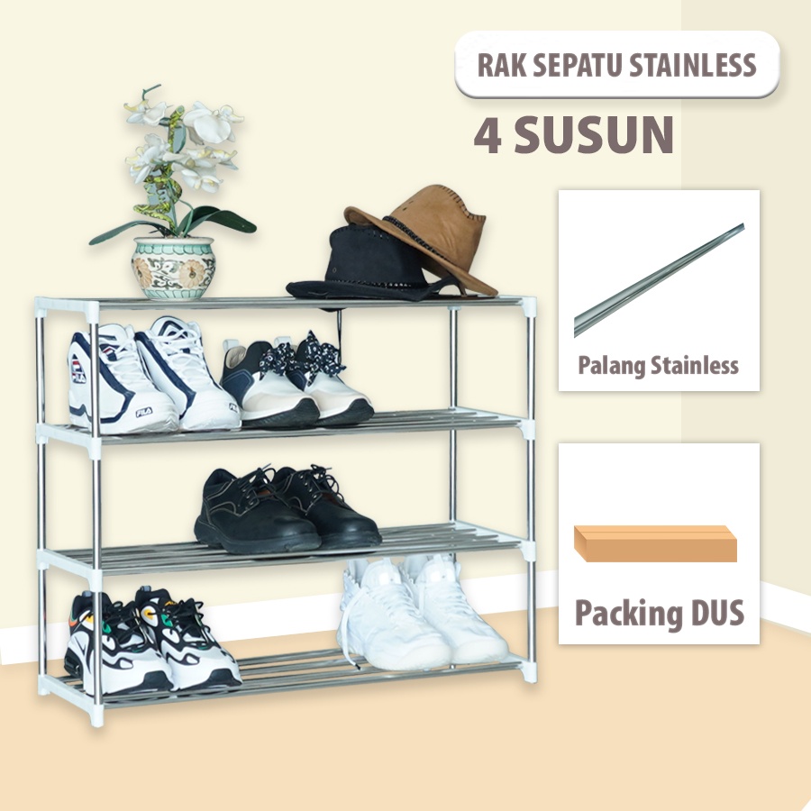 Rak Sepatu Sandal 4 Susun Stainless Besar Portable Multifungsi Serbaguna