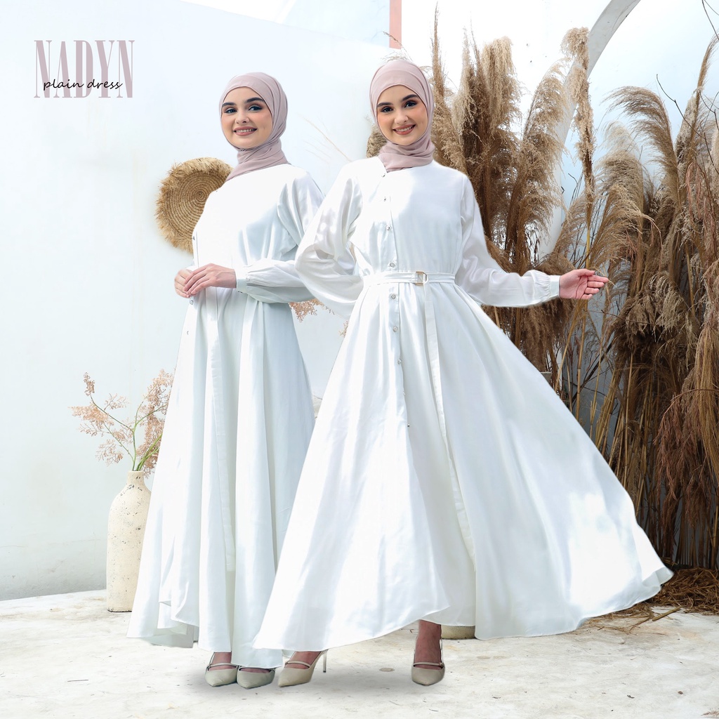 Nadyn Plain White Maxi Long Dress - Baju Dres Wanita Muslim Remaja Formal Kondangan Wedding Casual Dress Gaun Pesta Putih Polos Fashion Party Wanita Korea Dress Perempuan Import Premium Kekinian Terbaru 2022